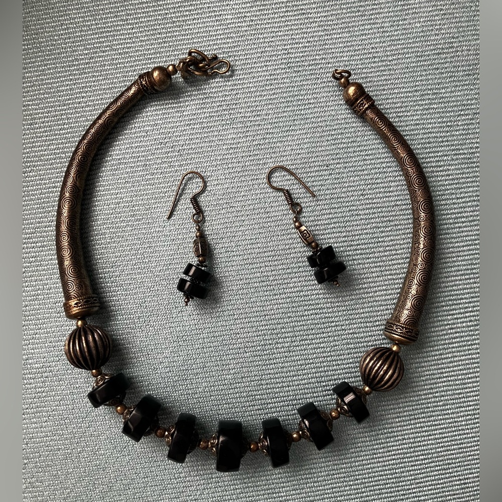 Set of Black Onyx Beads Necklace and Earrings